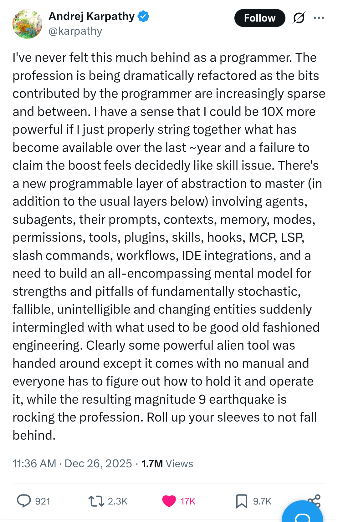 Andrej Karpathy's original tweet that popularized the term "vibe coding"